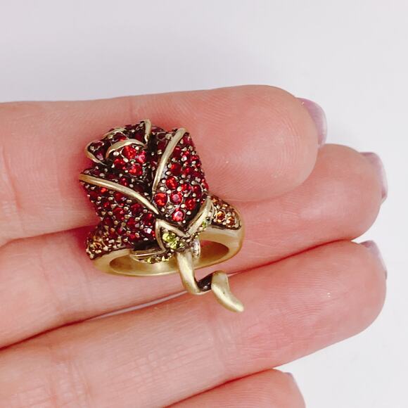 VTG Signed Heidi Daus Red Rose Crystal Gold Tone Elegant Cocktail Ring Romantic - Picture 4 of 13